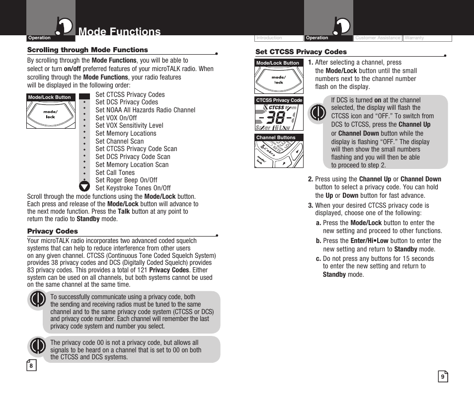 Mode functions | Cobra Electronics MICROTALK CXT425 User Manual | Page 7 / 15