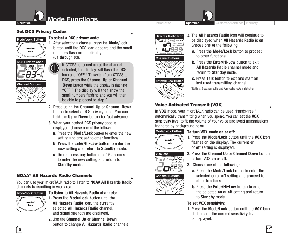 Mode functions | Cobra Electronics MICROTALK CXT425 User Manual | Page 8 / 15