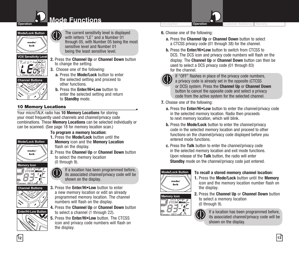 Mode functions | Cobra Electronics MICROTALK CXT425 User Manual | Page 9 / 15