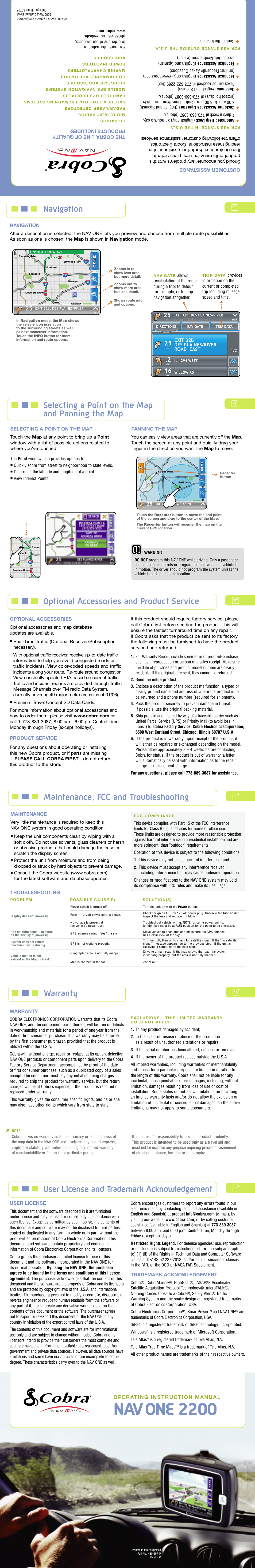 Navigation, Selecting a point on the map and panning the map, Optional accessories and product service | Maintenance, fcc and troubleshooting, Warranty, User license and trademark acknowledgement | Cobra Electronics NAV ONE 2200 User Manual | Page 2 / 2