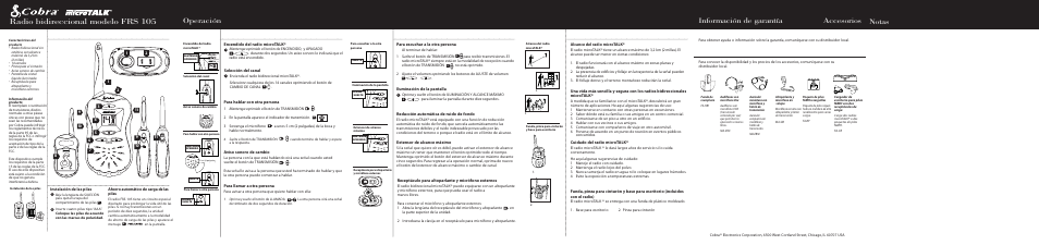 Radio bidireccional modelo frs 105, Operación, Información de garantía accesorios | Notas | Cobra Electronics FRS 105 User Manual | Page 2 / 2