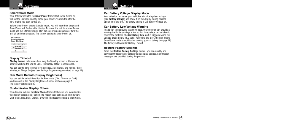 Settings | Cobra Electronics XRS 9940 User Manual | Page 12 / 21