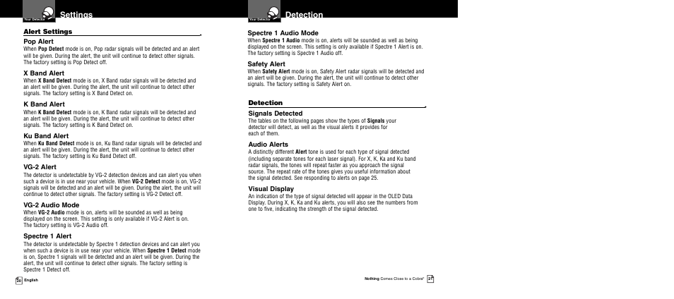 Detection, Settings | Cobra Electronics XRS 9940 User Manual | Page 13 / 21