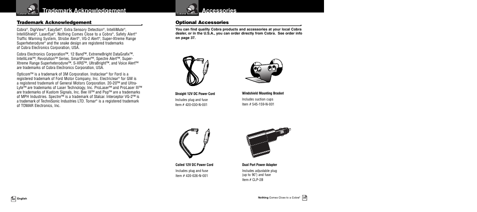 Accessories, Trademark acknowledgement, Optional accessories | Cobra Electronics XRS 9940 User Manual | Page 19 / 21
