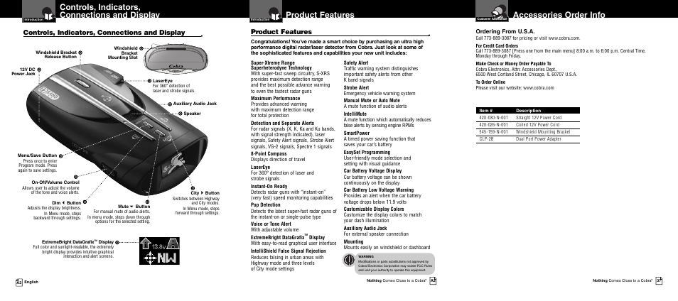 Controls, indicators, connections and display, Product features, Accessories order info | Cobra Electronics XRS 9940 User Manual | Page 2 / 21