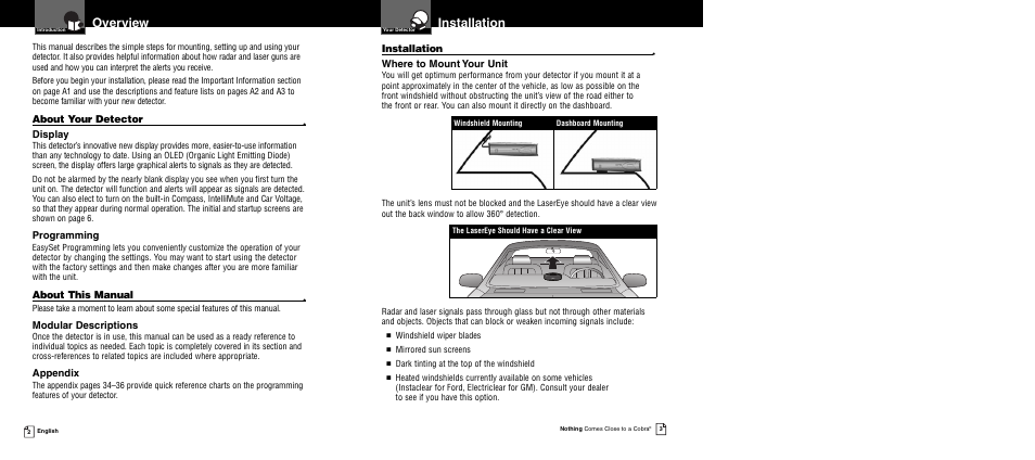 Installation, Overview | Cobra Electronics XRS 9940 User Manual | Page 4 / 21