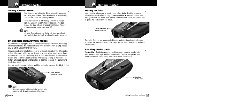 Getting started, Muting an alert, Auxiliary audio jack | Intellishield highway/city modes, Display timeout mode | Cobra Electronics XRS 9940 User Manual | Page 7 / 21