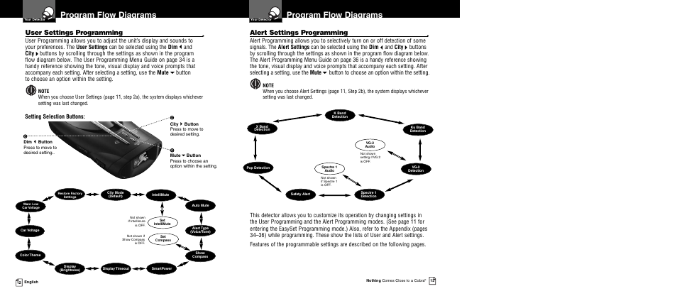 Program flow diagrams, User settings programming, Alert settings programming | Setting selection buttons | Cobra Electronics XRS 9940 User Manual | Page 9 / 21