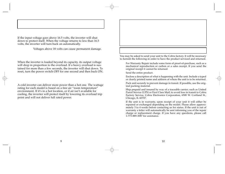 Overvoltage, Overload, Temperature | Operation (continued) | Cobra Electronics ROAD WARRIOR User Manual | Page 6 / 8