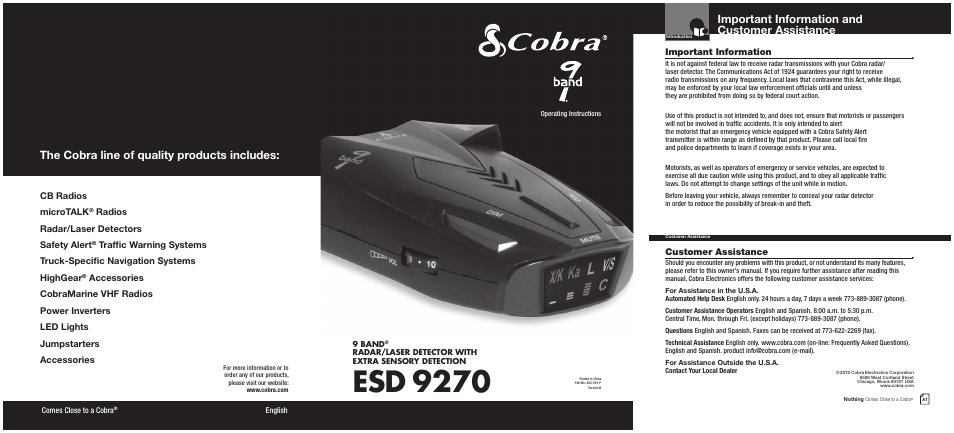 Cobra Electronics 9 BAND ESD 9270 User Manual | 13 pages