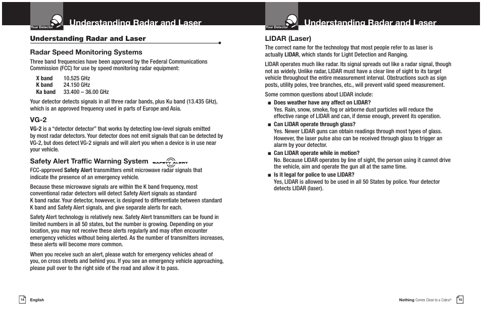 Understanding radar and laser | Cobra Electronics 9 BAND ESD 9270 User Manual | Page 10 / 13