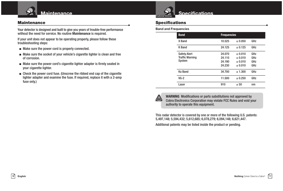 Maintenance, Specifications | Cobra Electronics 9 BAND ESD 9270 User Manual | Page 11 / 13