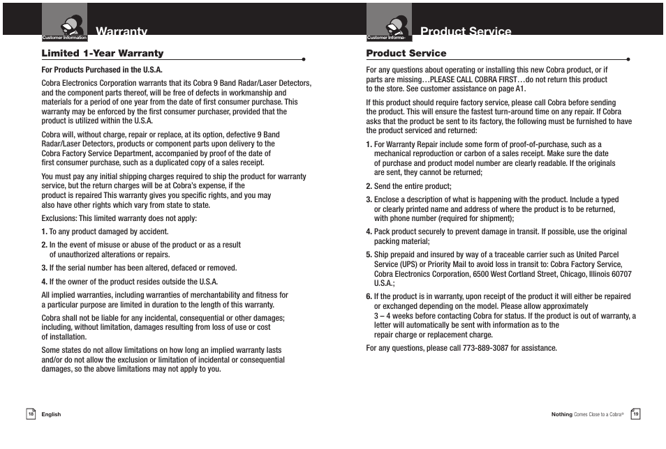 Warranty, Product service, Limited 1-year warranty | Cobra Electronics 9 BAND ESD 9270 User Manual | Page 12 / 13