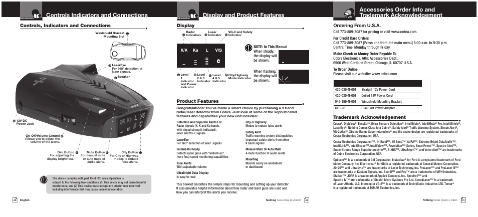 Ordering from u.s.a, Trademark acknowledgement | Cobra Electronics 9 BAND ESD 9270 User Manual | Page 2 / 13