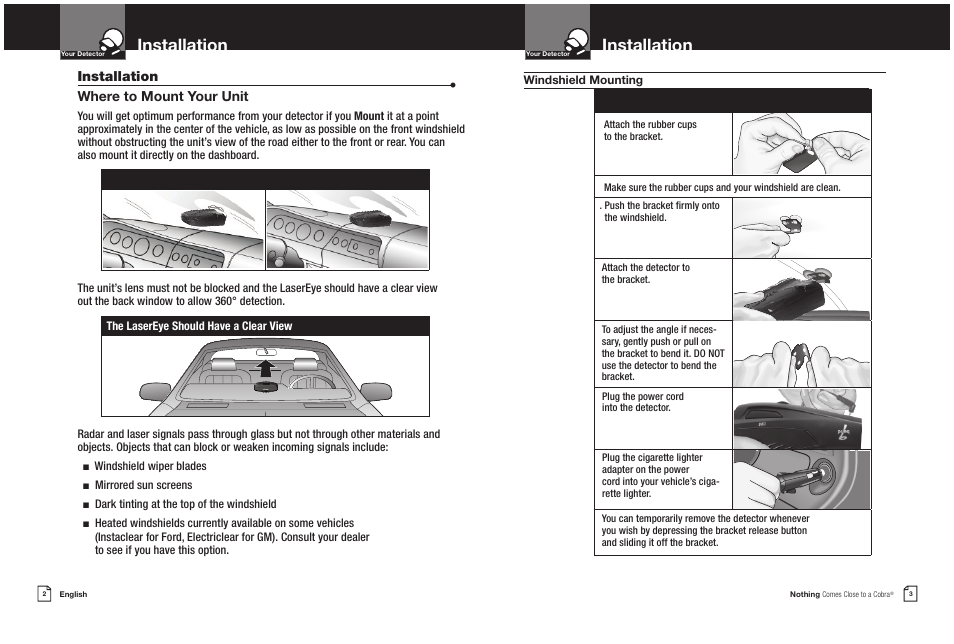 Installation, Installation • where to mount your unit | Cobra Electronics 9 BAND ESD 9270 User Manual | Page 4 / 13