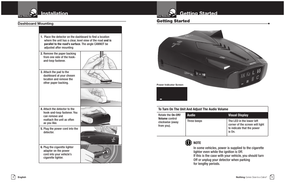 Installation, Getting started | Cobra Electronics 9 BAND ESD 9270 User Manual | Page 5 / 13