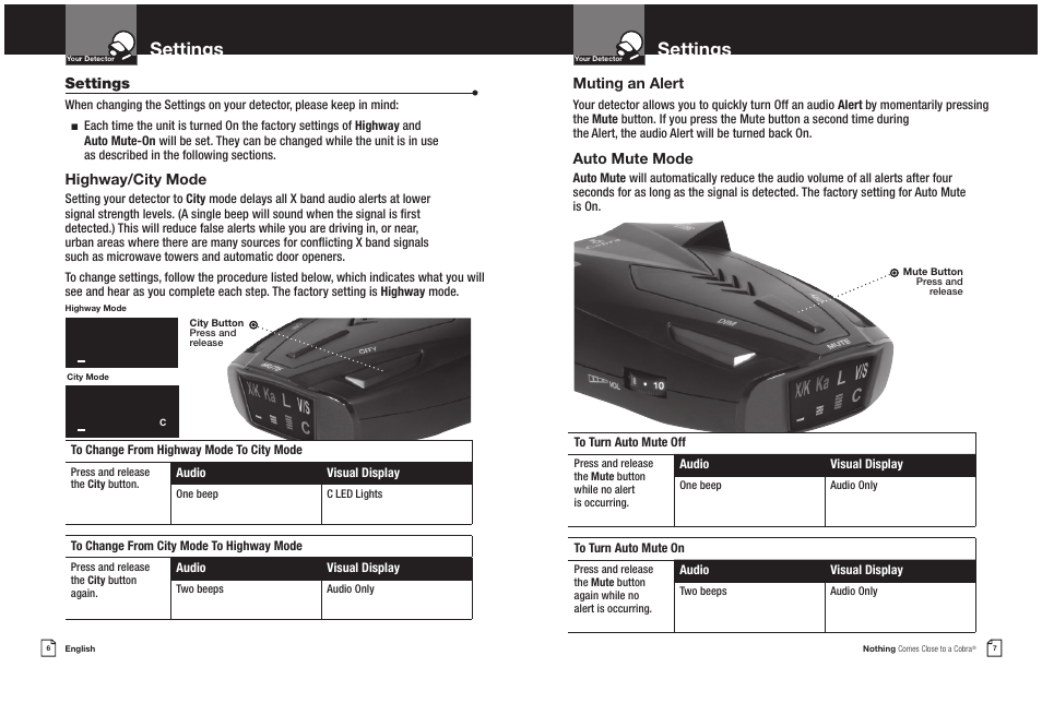 Settings, Muting an alert, Auto mute mode | Highway/city mode | Cobra Electronics 9 BAND ESD 9270 User Manual | Page 6 / 13