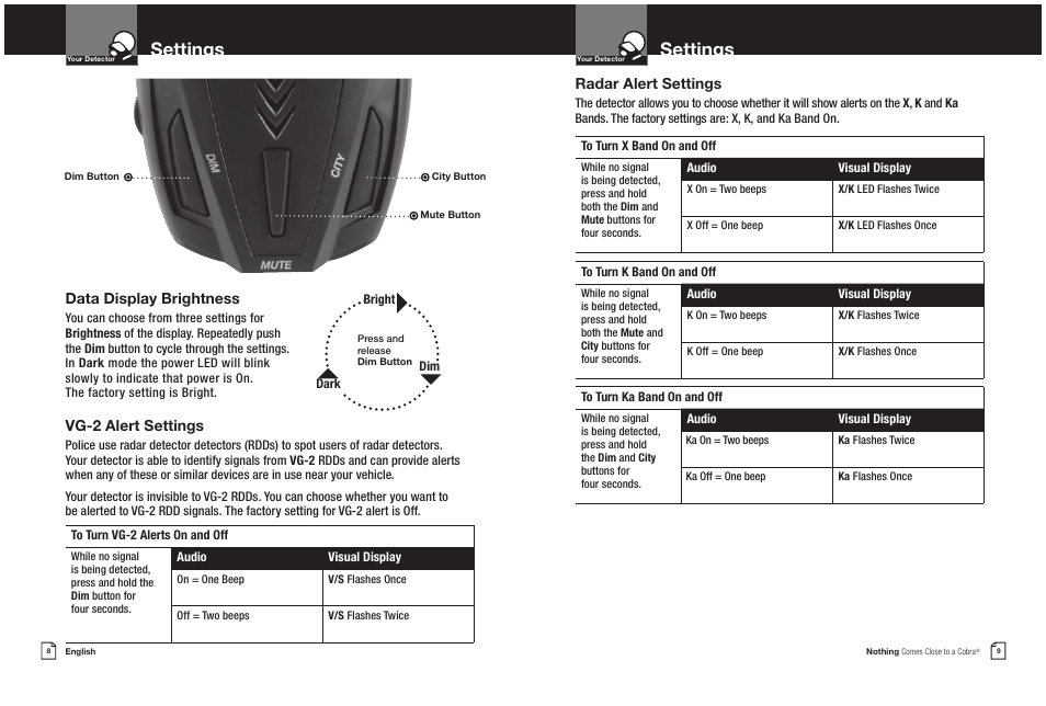 Settings, Data display brightness, Vg-2 alert settings | Radar alert settings | Cobra Electronics 9 BAND ESD 9270 User Manual | Page 7 / 13