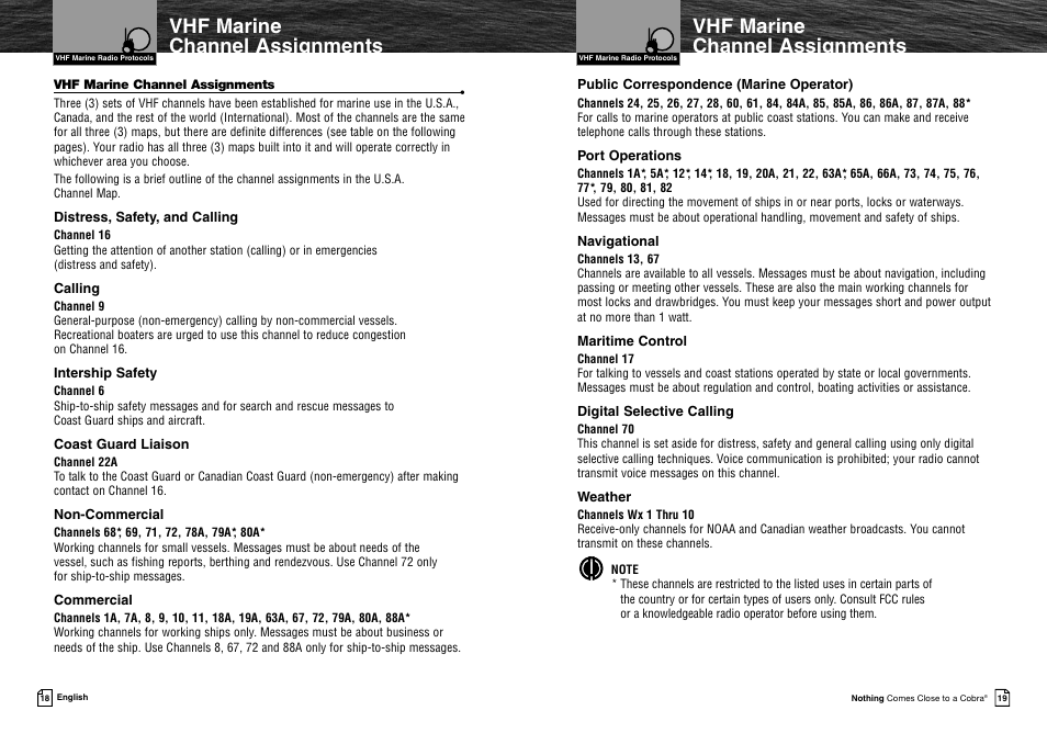 Vhf marine channel assignments | Cobra Electronics MR HH425LI VP User Manual | Page 13 / 42