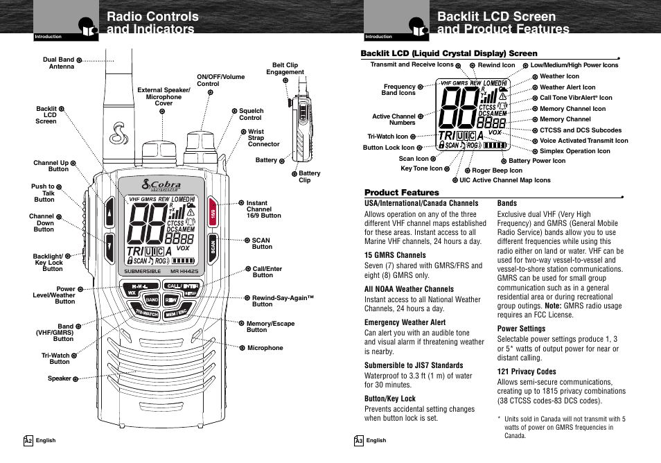Backlit lcd screen and product features, Radio controls and indicators | Cobra Electronics MR HH425LI VP User Manual | Page 2 / 42