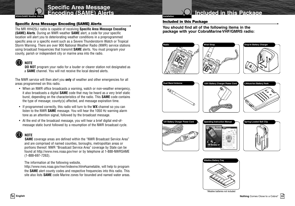 Included in this package, Specific area message encoding (same) alerts | Cobra Electronics MR HH425LI VP User Manual | Page 20 / 42