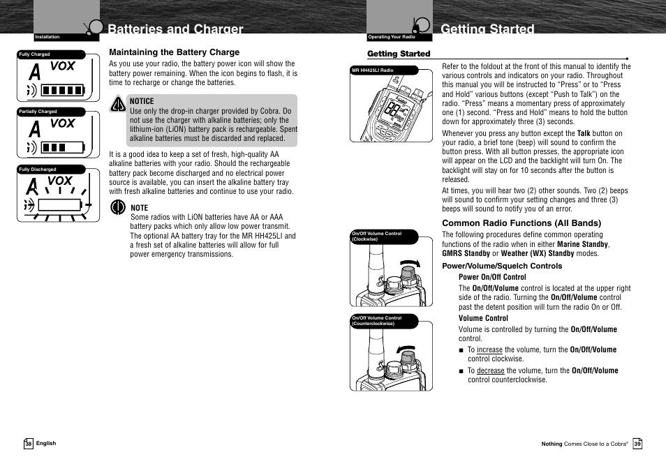 Batteries and charger getting started | Cobra Electronics MR HH425LI VP User Manual | Page 23 / 42