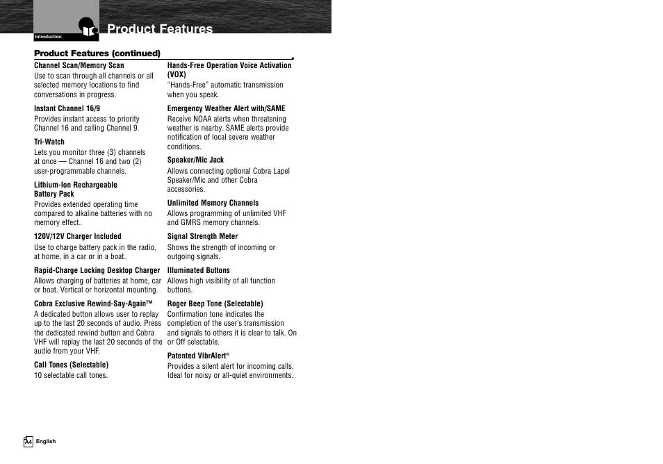 Product features | Cobra Electronics MR HH425LI VP User Manual | Page 3 / 42
