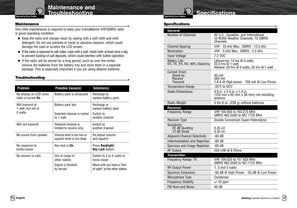 Specifications, Maintenance and troubleshooting | Cobra Electronics MR HH425LI VP User Manual | Page 40 / 42