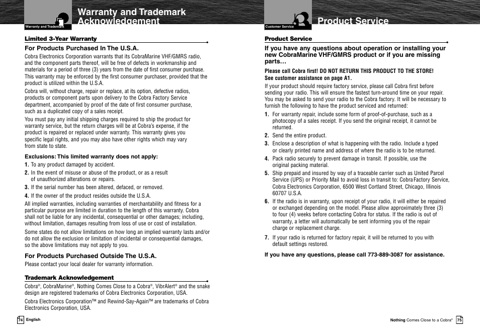 Product service, Warranty and trademark acknowledgement | Cobra Electronics MR HH425LI VP User Manual | Page 41 / 42