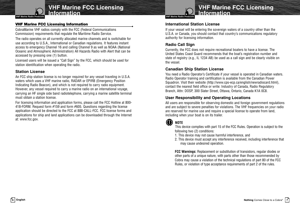 Vhf marine fcc licensing information | Cobra Electronics MR HH425LI VP User Manual | Page 7 / 42