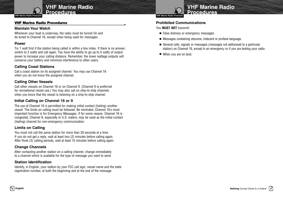 Vhf marine radio procedures | Cobra Electronics MR HH425LI VP User Manual | Page 8 / 42