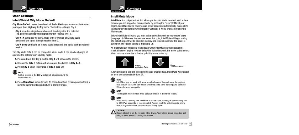 Settings, User settings, Intellishield city mode default | Intellimute mode | Cobra Electronics XRS 989 User Manual | Page 11 / 23