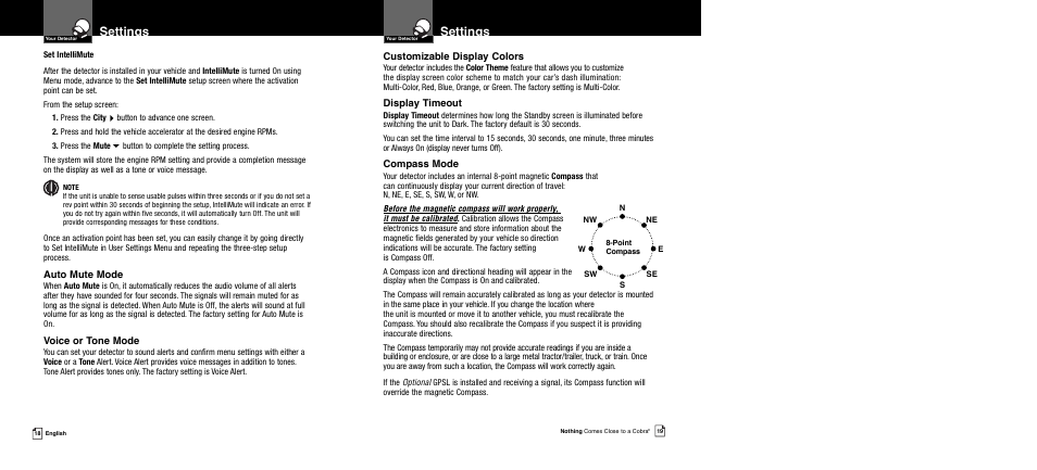 Settings | Cobra Electronics XRS 989 User Manual | Page 12 / 23