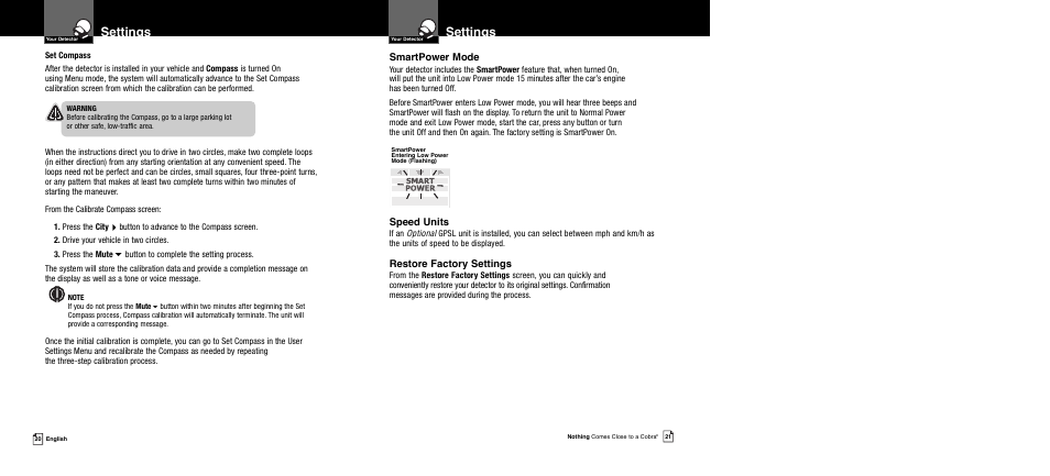 Settings, Smartpower mode, Speed units | Restore factory settings | Cobra Electronics XRS 989 User Manual | Page 13 / 23