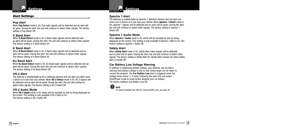 Settings, Alert settings, Pop alert | X band alert, K band alert, Ku band alert, Vg-2 alert, Vg-2 audio mode, Spectre 1 alert, Spectre 1 audio mode | Cobra Electronics XRS 989 User Manual | Page 14 / 23