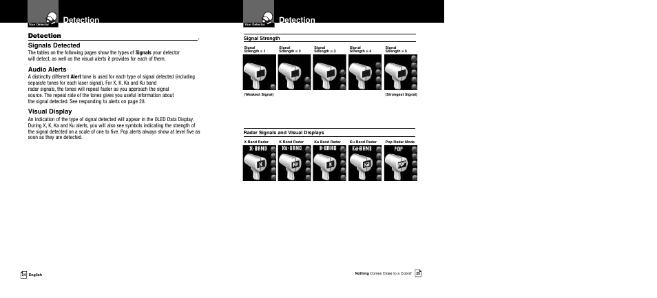 Detection, Signals detected, Audio alerts | Visual display | Cobra Electronics XRS 989 User Manual | Page 15 / 23
