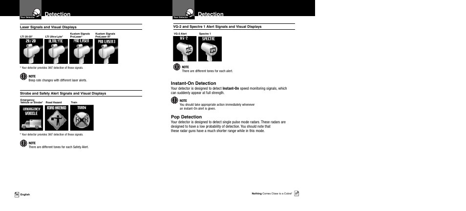 Detection, Instant-on detection, Pop detection | Cobra Electronics XRS 989 User Manual | Page 16 / 23
