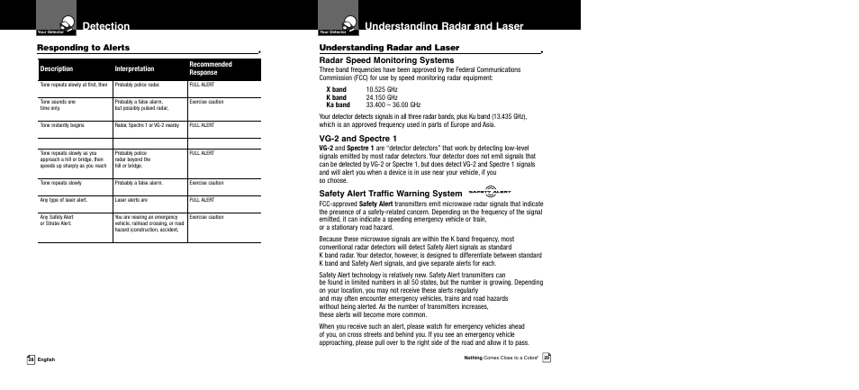 Understanding radar and laser, Detection, Responding to alerts | Radar speed monitoring systems, Vg-2 and spectre 1, Safety alert traffic warning system | Cobra Electronics XRS 989 User Manual | Page 17 / 23