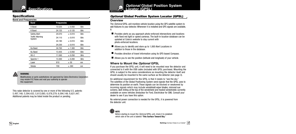 Optional global position system locator (gpsl), Specifications, Overview | Where to mount the optional gpsl | Cobra Electronics XRS 989 User Manual | Page 19 / 23