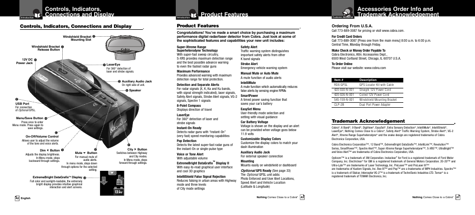 Controls, indicators, connections and display, Product features, Trademark acknowledgement | Ordering from u.s.a | Cobra Electronics XRS 989 User Manual | Page 2 / 23
