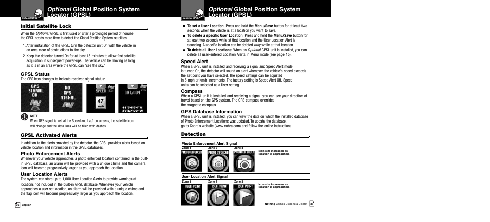 Optional global position system locator (gpsl), Detection, Gpsl status | Initial satellite lock, Speed alert, Compass, Gps database information, Gpsl activated alerts, Photo enforcement alerts, User location alerts | Cobra Electronics XRS 989 User Manual | Page 21 / 23