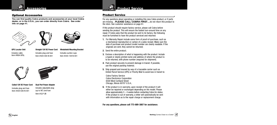 Accessories, Product service, Optional accessories | Cobra Electronics XRS 989 User Manual | Page 22 / 23