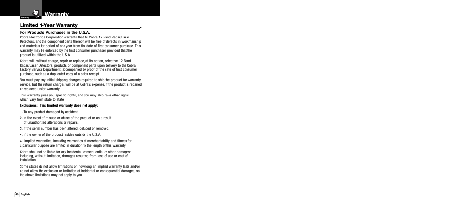 Warranty | Cobra Electronics XRS 989 User Manual | Page 23 / 23