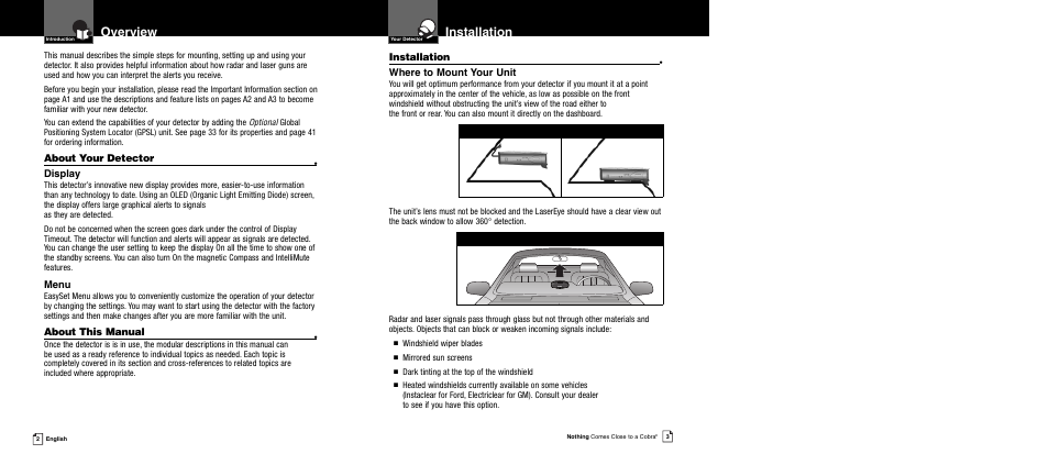 Installation, Overview, Where to mount your unit | About your detector, Display, Menu, About this manual | Cobra Electronics XRS 989 User Manual | Page 4 / 23