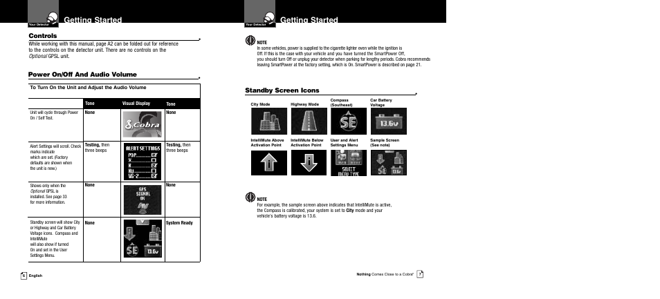 Getting started, Power on/off and audio volume, Controls | Standby screen icons | Cobra Electronics XRS 989 User Manual | Page 6 / 23