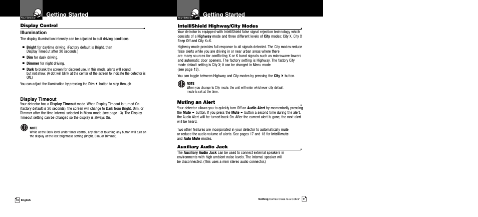 Getting started, Display control, Illumination | Display timeout, Intellishield highway/city modes, Muting an alert, Auxiliary audio jack | Cobra Electronics XRS 989 User Manual | Page 8 / 23