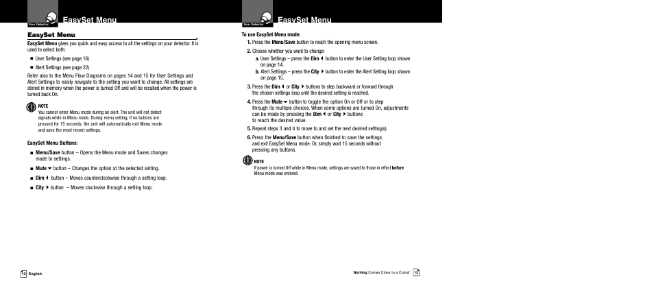 Easyset menu | Cobra Electronics XRS 989 User Manual | Page 9 / 23