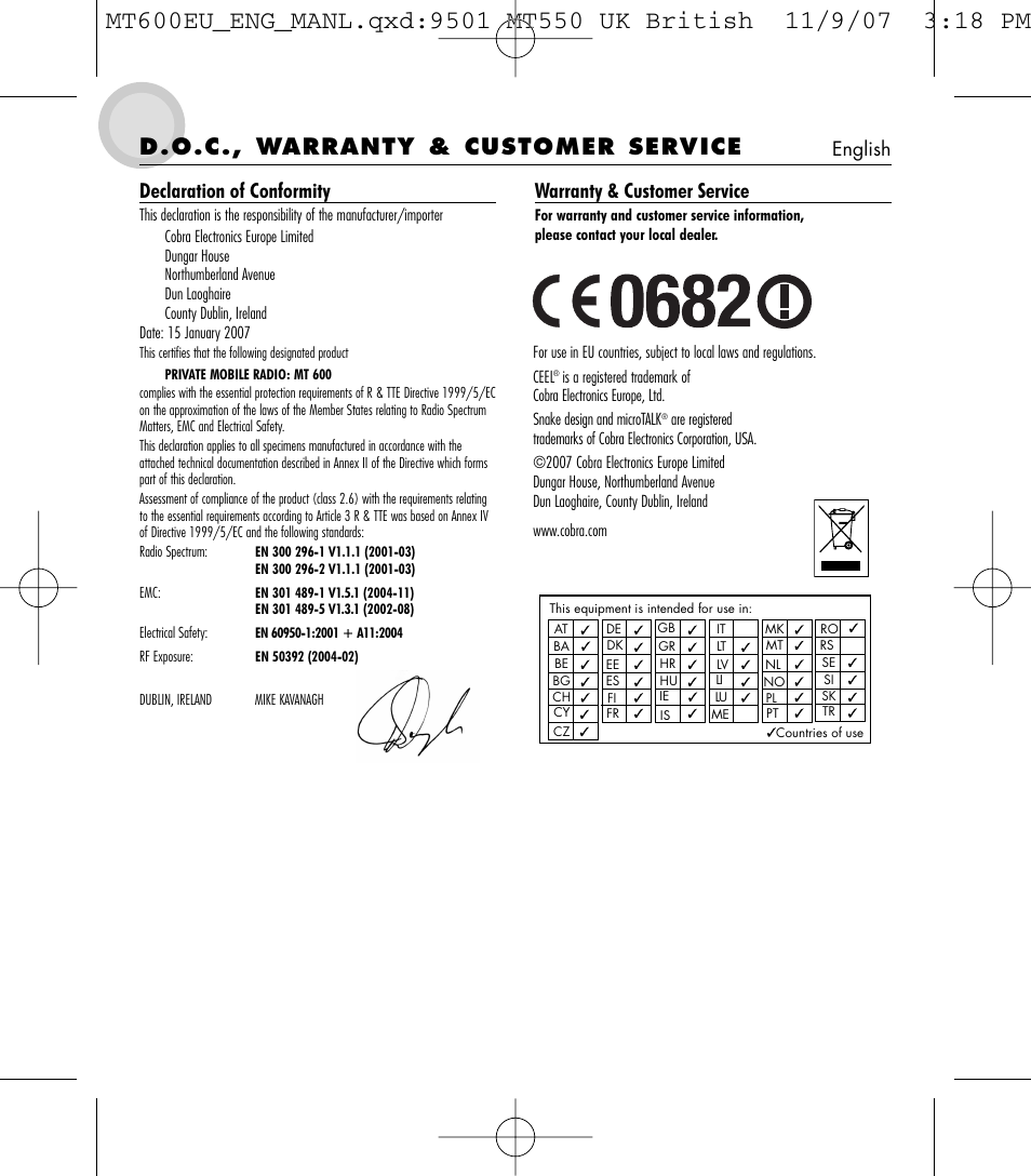 D.o.c., warranty & customer service, Declaration of conformity, Warranty & customer service | English | Cobra Electronics microTALK MT 600 User Manual | Page 2 / 2