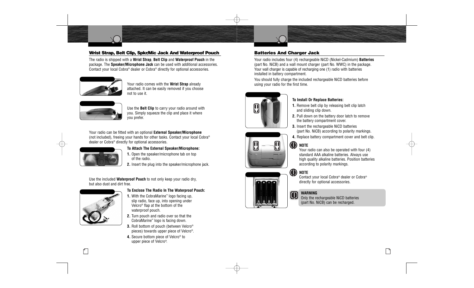 Batteries and charger jack, Wrist strap, Belt clip | External speaker/microphone jack, Waterproof pouch, Installing the batteries | Cobra Electronics MR HH100 VP User Manual | Page 15 / 23