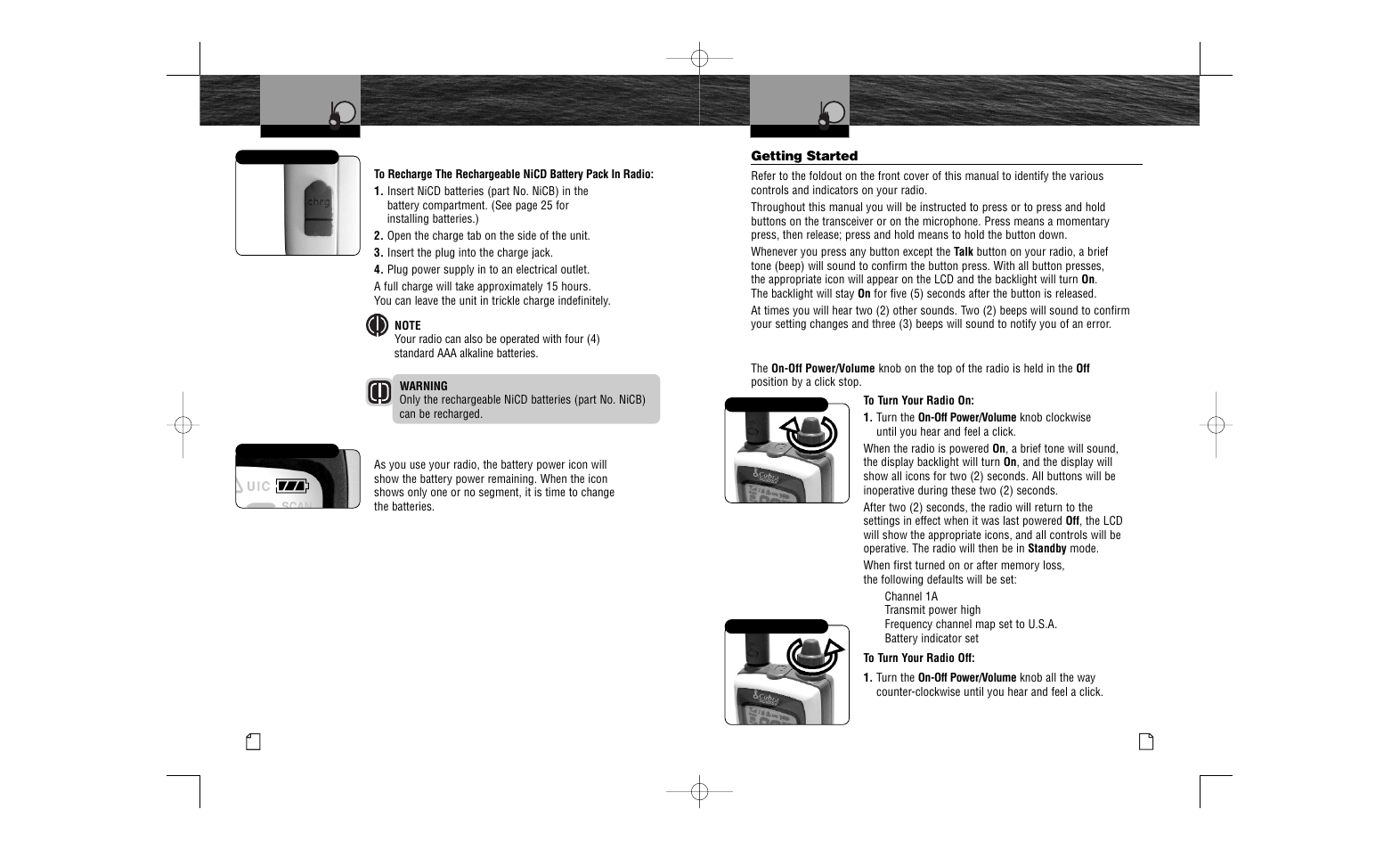 Batteries and charger getting started | Cobra Electronics MR HH100 VP User Manual | Page 16 / 23